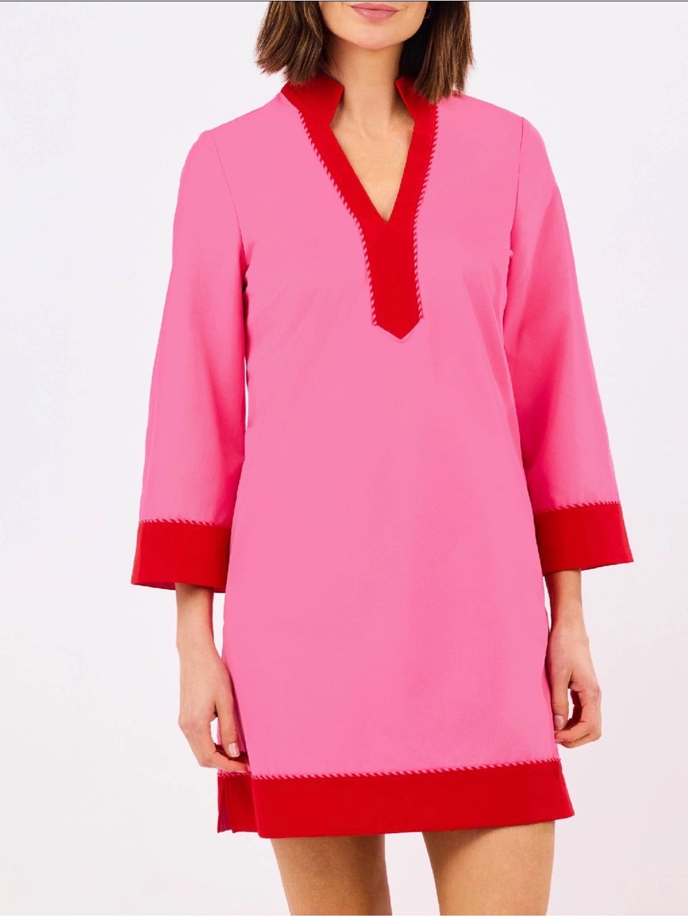 Mary Square Pink Shift Dress with Red Trim
